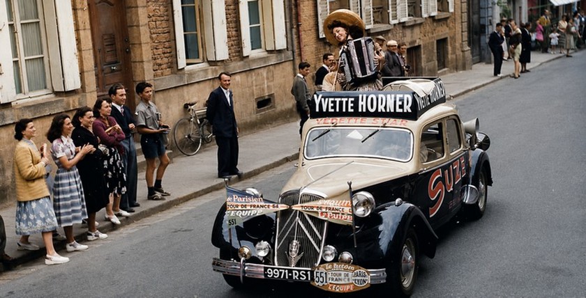 Yvette sur la Traction au tour de France 1954